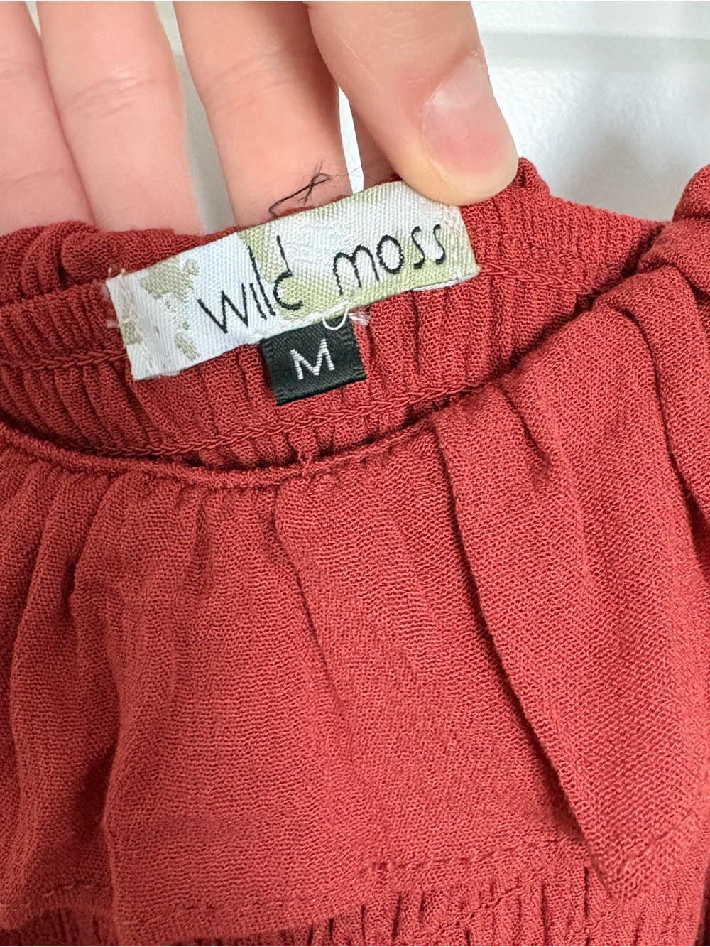Smocked Rust Red Mini Dress with Ruffle Neckline - Picture 5 of 5